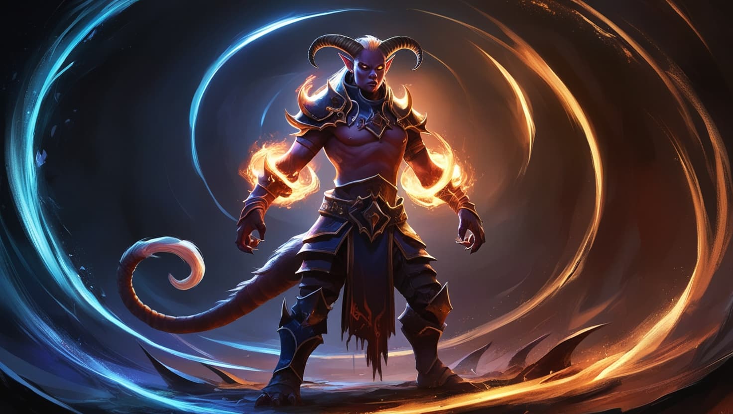 A crimson-skinned tiefling with curved horns standing in a tavern doorway, amber firelight catching their golden eyes against an indigo night sky