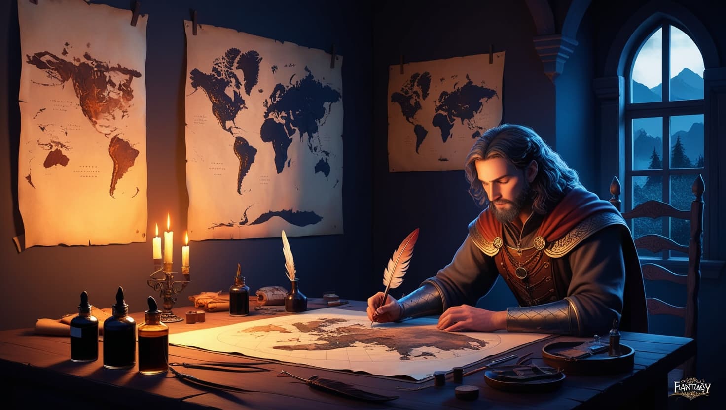 A fantasy cartographer drawing an elaborate world map by candlelight, surrounded by parchment maps and ink bottles
