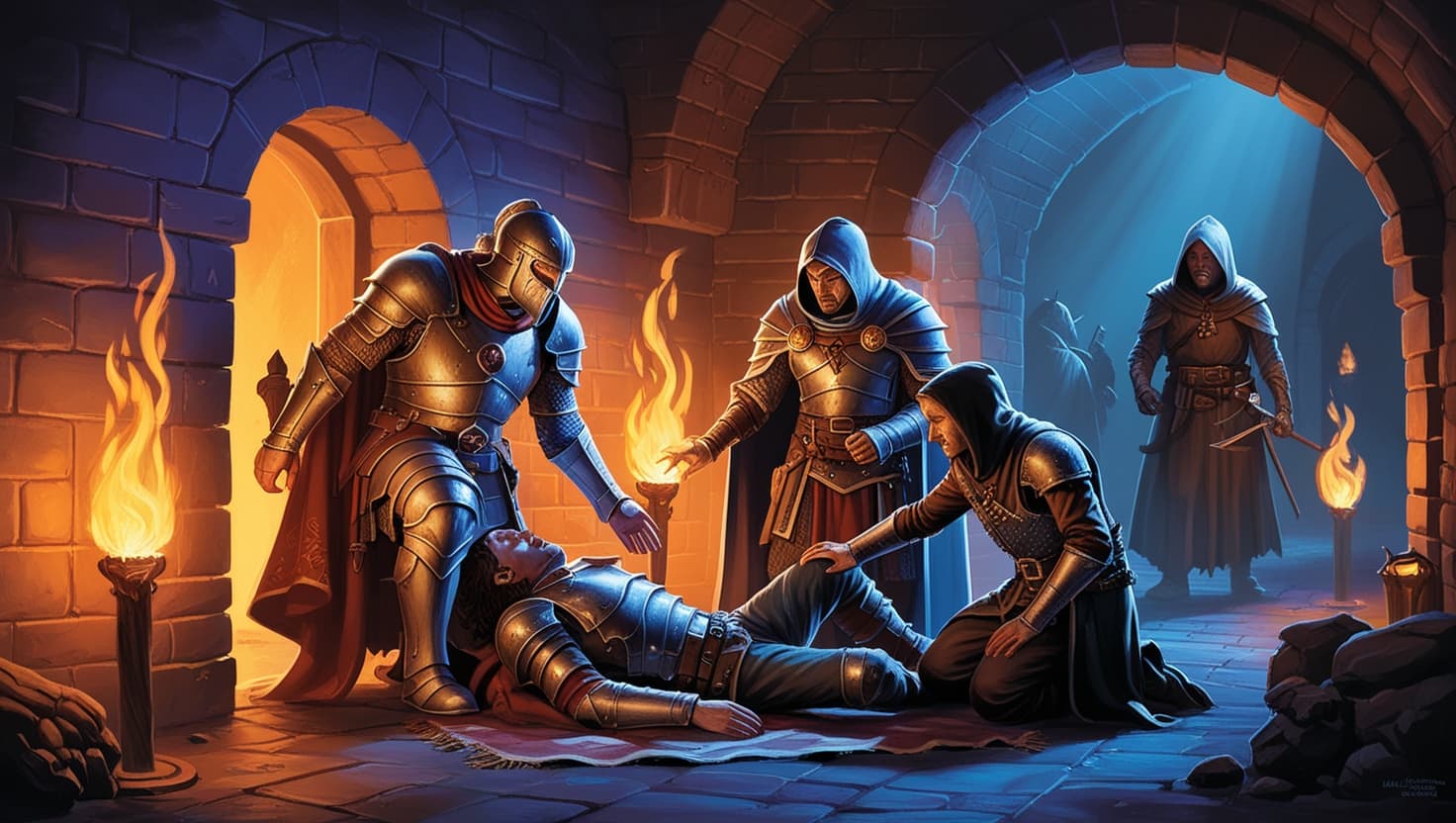 An exhausted D&D adventuring party regrouping in torchlight as a radiant healer tends wounds, dark fantasy RPG art in indigo and amber tones