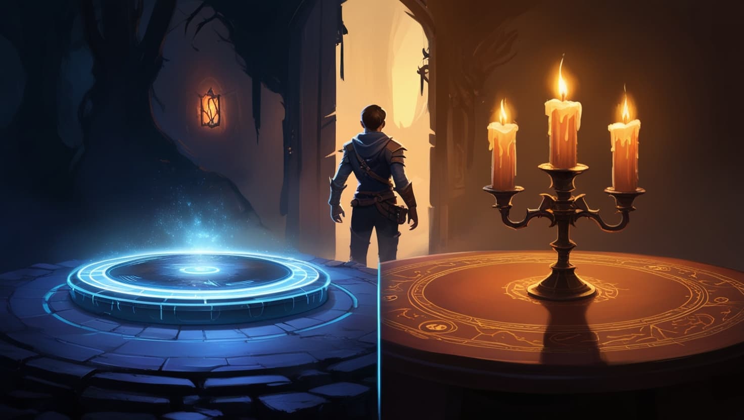 A group of adventurers gathered around a glowing campfire, telling stories without a map in sight - just imagination and words