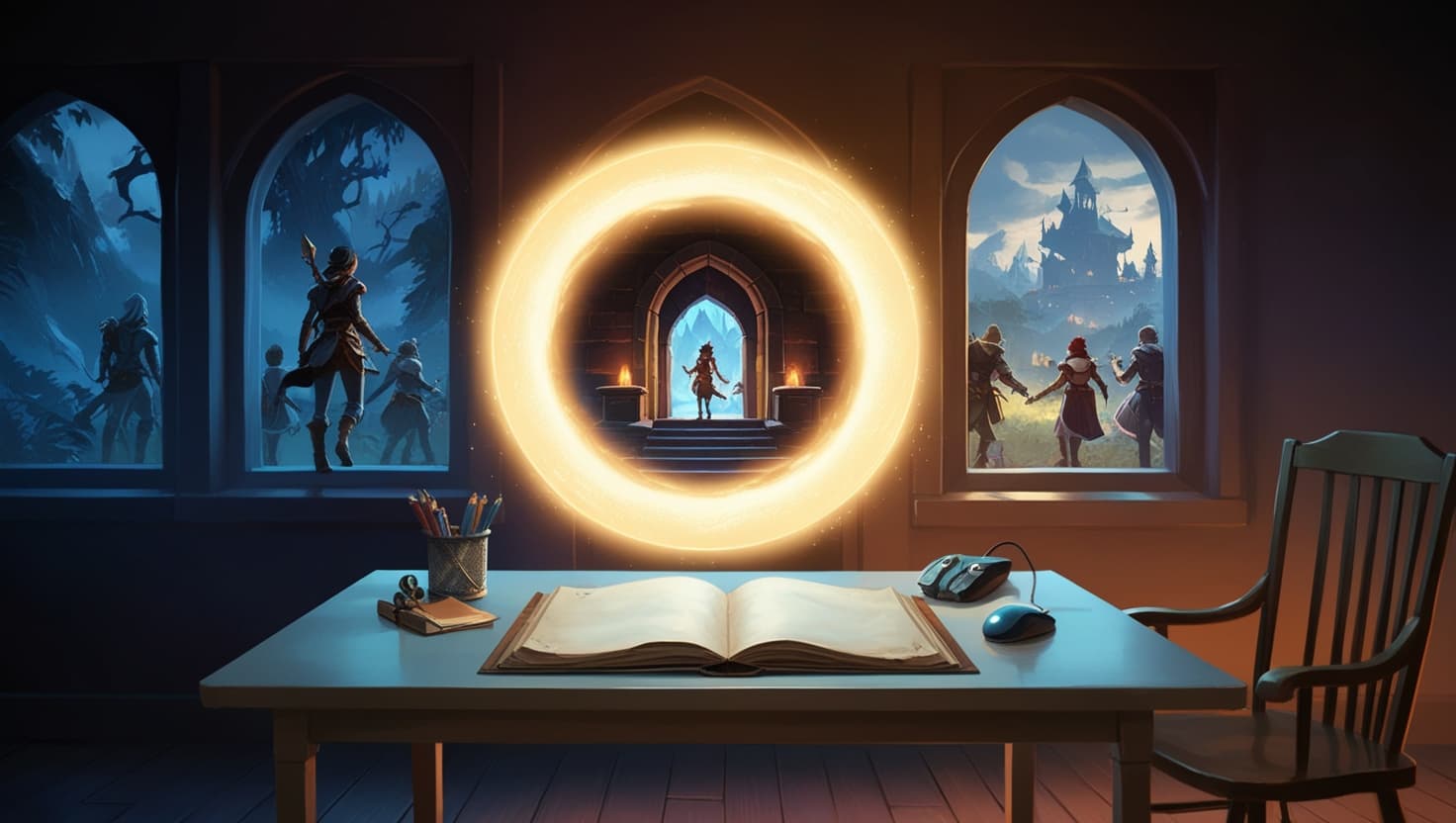A glowing doorway opening into a warm fantasy tavern scene, with simple icons floating nearby representing dice, a chat bubble, and a play button