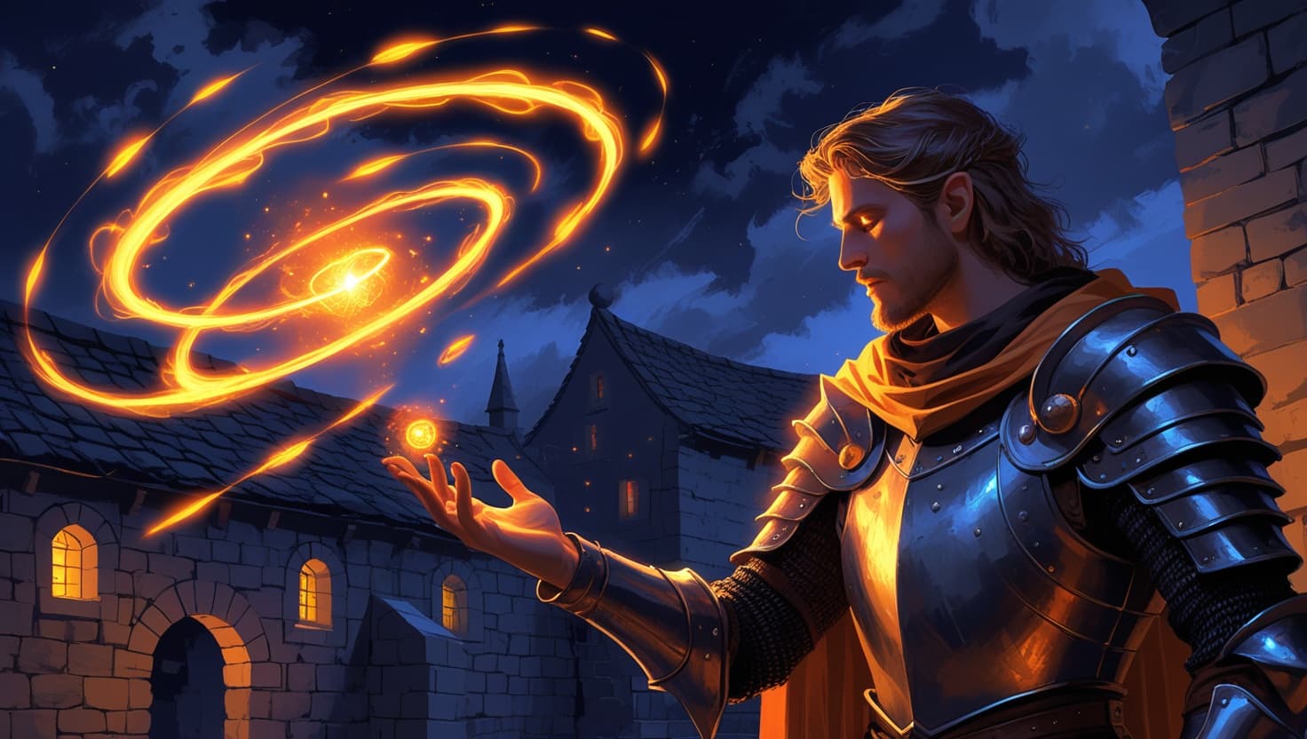 An armored spellcaster with glowing eyes summoning a swirling amber vortex of magical energy above a nighttime castle courtyard under a deep indigo sky