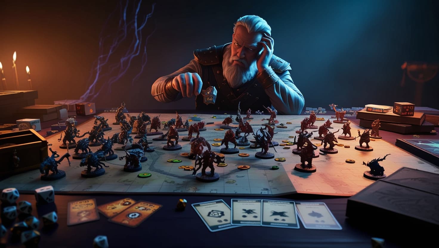 A fantasy game master studying a battle map strewn with miniature creatures and adventurer tokens under dramatic indigo and amber lighting