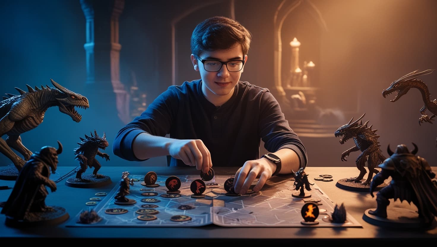 A fantasy battle map with miniatures, scattered dice, and glowing tactical markers under dramatic amber and indigo lighting