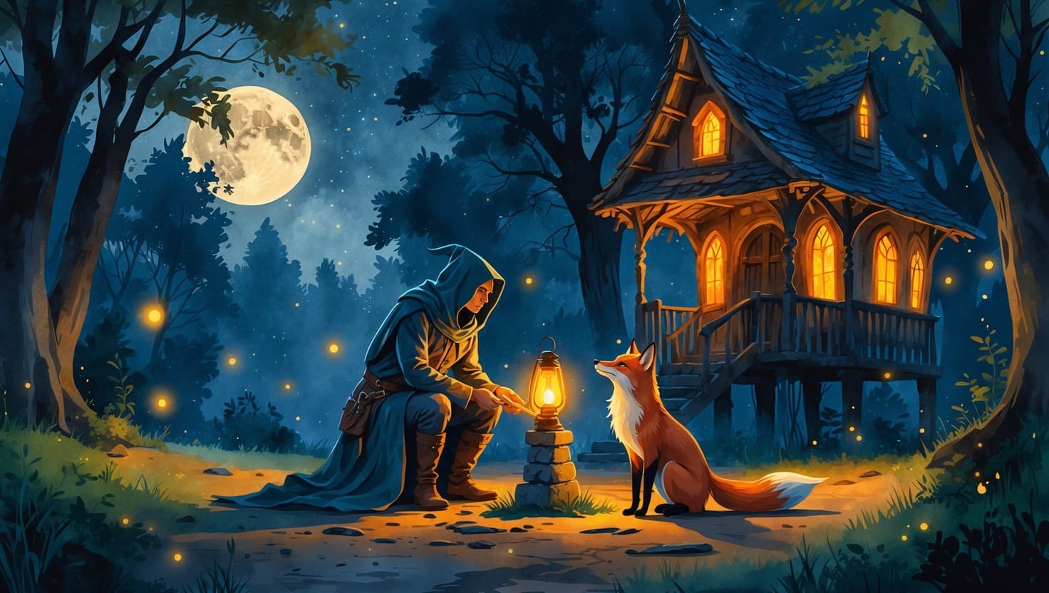A cloaked traveler kneeling with a glowing lantern before a fox at a moonlit forest crossroads, an amber-lit cottage on stilts behind them, watercolor style against deep indigo trees