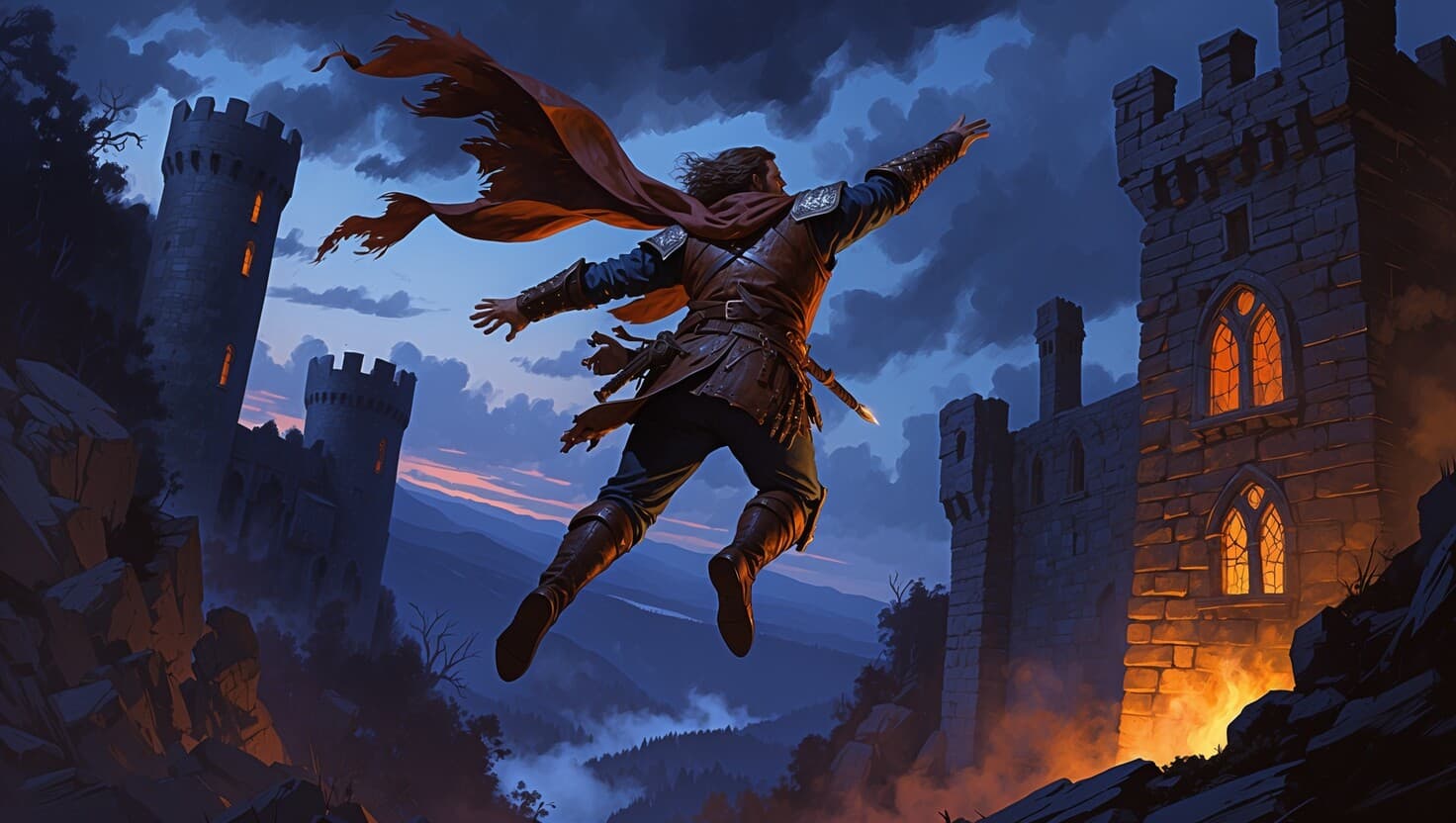 A medieval adventurer falling backward through the air past a crumbling castle tower at twilight, dark fantasy tabletop RPG scene in indigo and amber tones