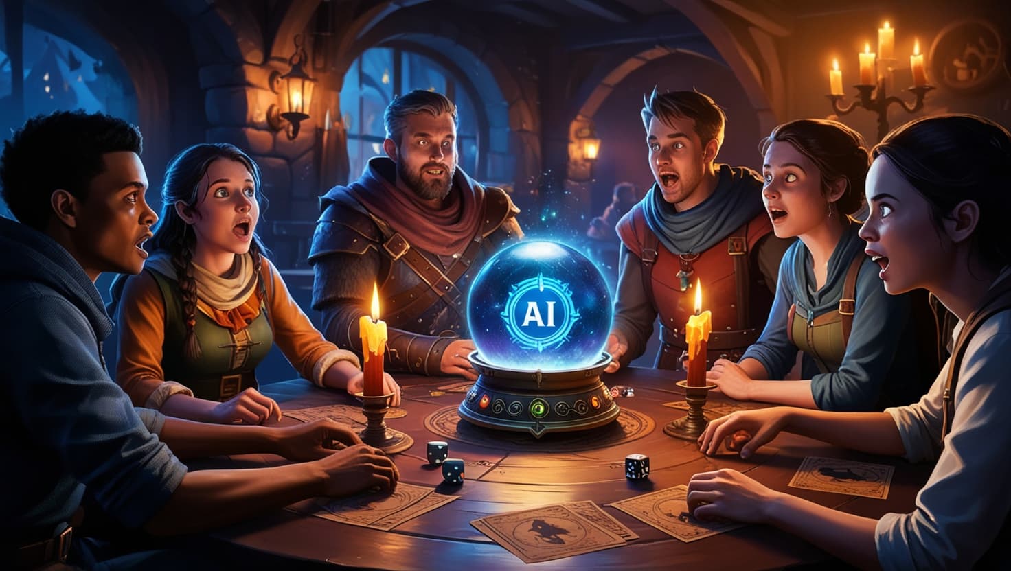 Adventurers gathered around a glowing table experiencing their first AI-powered D&D session