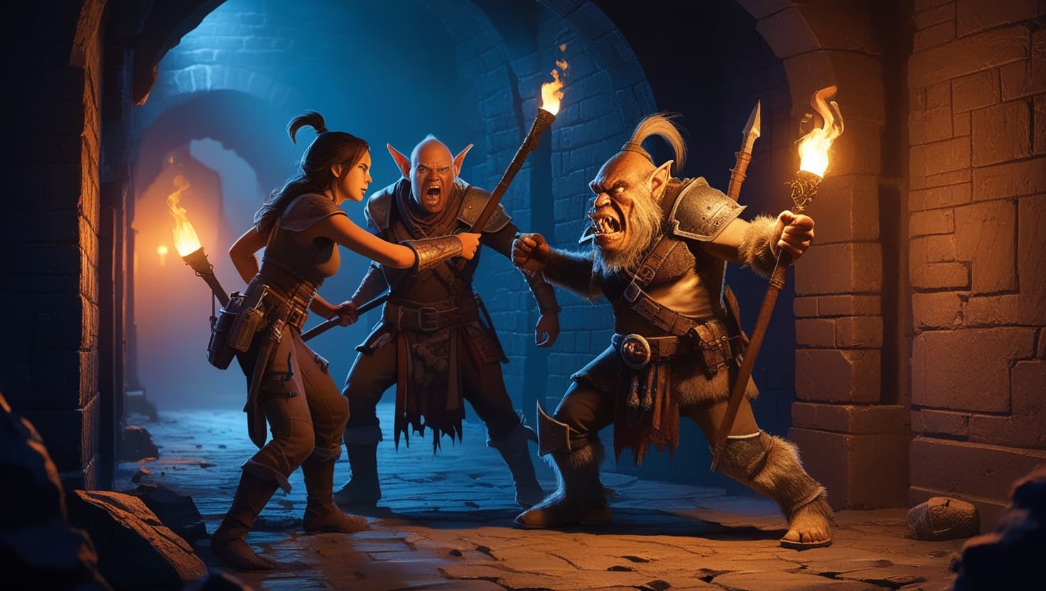 Two armored adventurers surrounding a hobgoblin captain in a torchlit dungeon, dark fantasy RPG art in indigo and amber tones