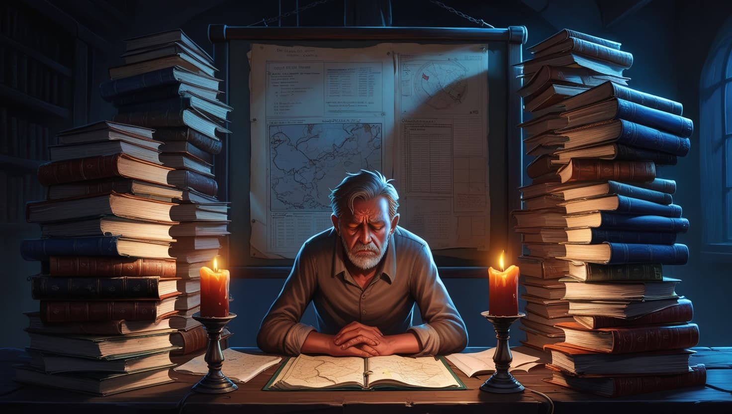 Exhausted dungeon master buried under stacks of notes, maps, and monster manuals