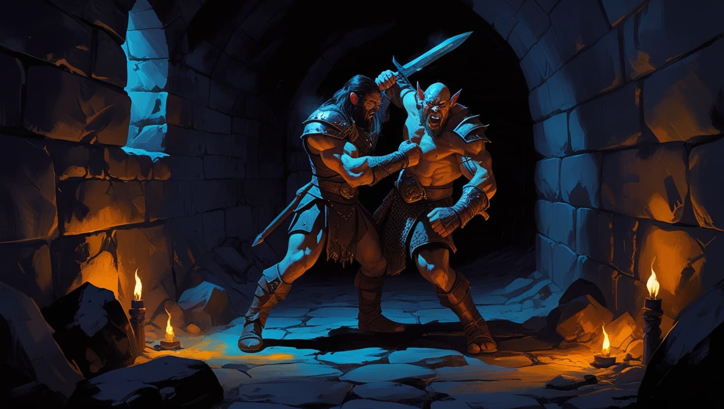 A muscular fighter locked in a grapple with a snarling orc warrior in a torchlit stone dungeon corridor, deep indigo shadows and warm amber highlights