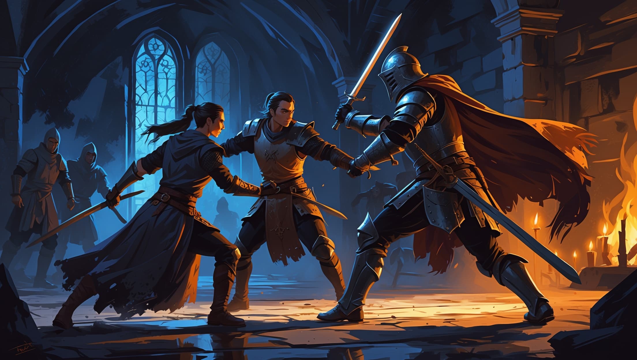 A cleric feinting beside a fighter mid-swing against an armored knight in a torchlit stone hall, deep indigo shadows and warm amber light