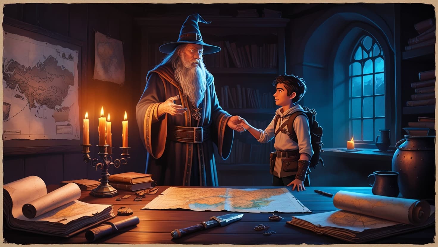 Confident dungeon master behind a screen gesturing dramatically to engaged players