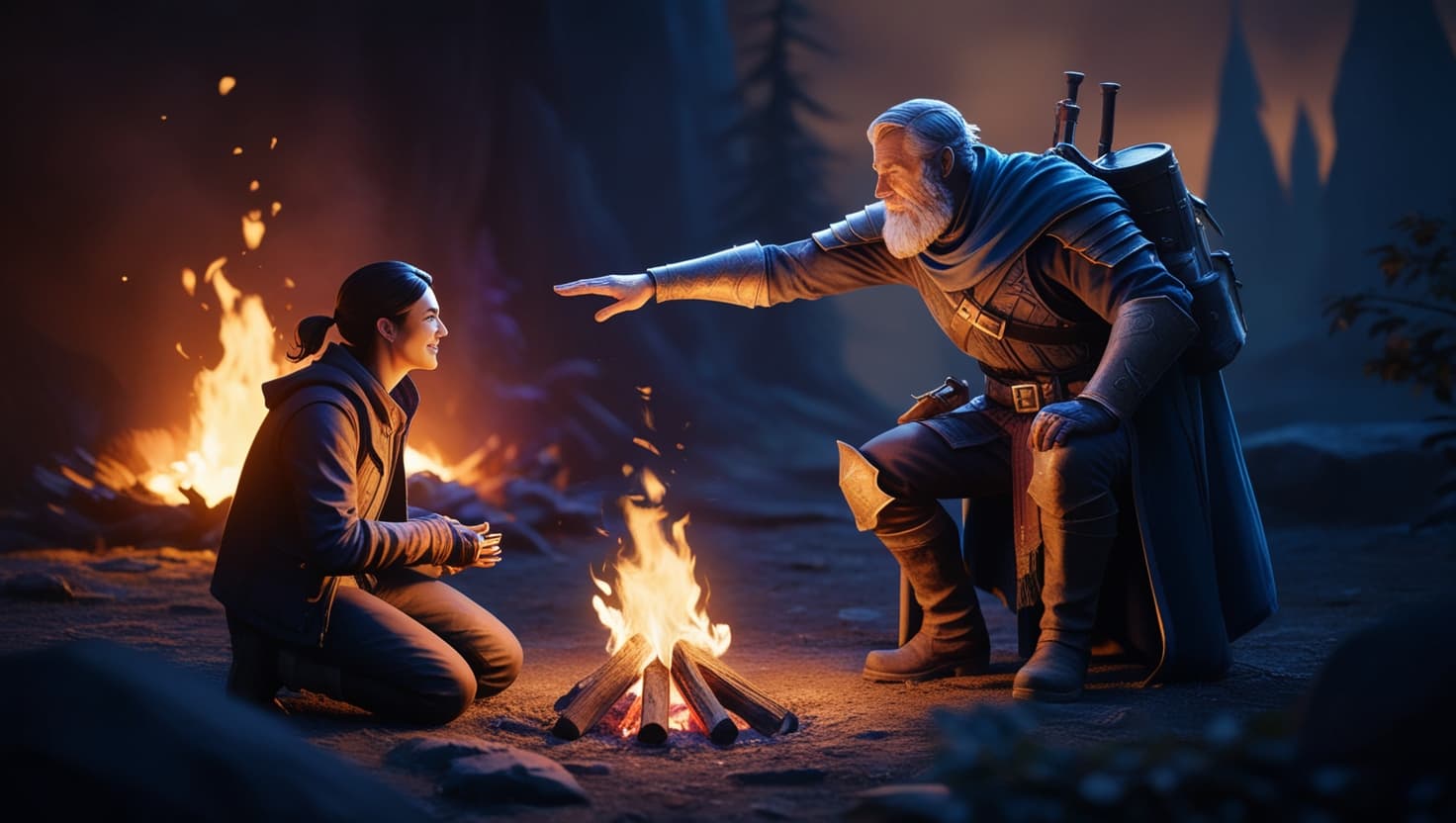 D&D player leaning forward at the table with dice in hand, other players watching with anticipation in warm amber and indigo light