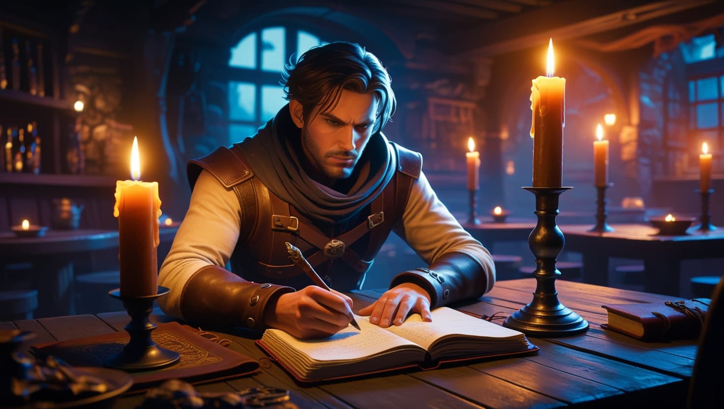 A glowing character sheet on a wooden tavern table surrounded by dice and a quill pen