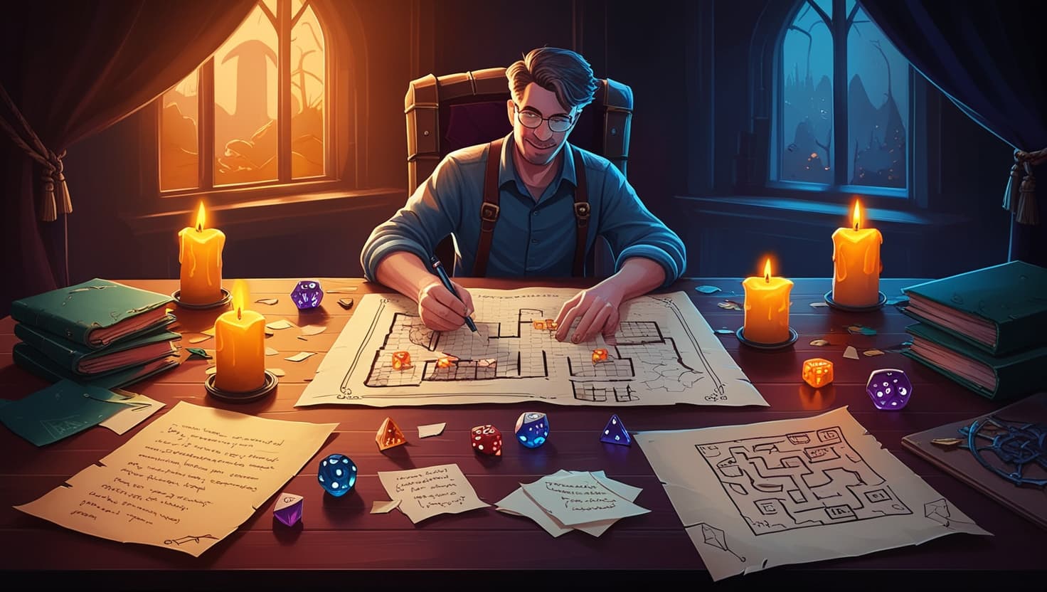 A fantasy Game Master's desk with candles, dice, maps, and glowing magical notes in indigo and amber tones