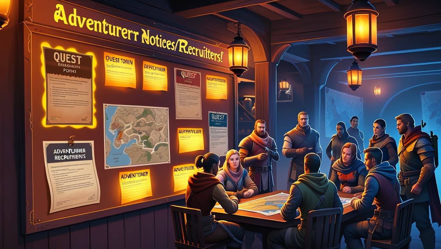 Fantasy tavern bulletin board covered in glowing quest notices with adventurers gathered around a table in the background