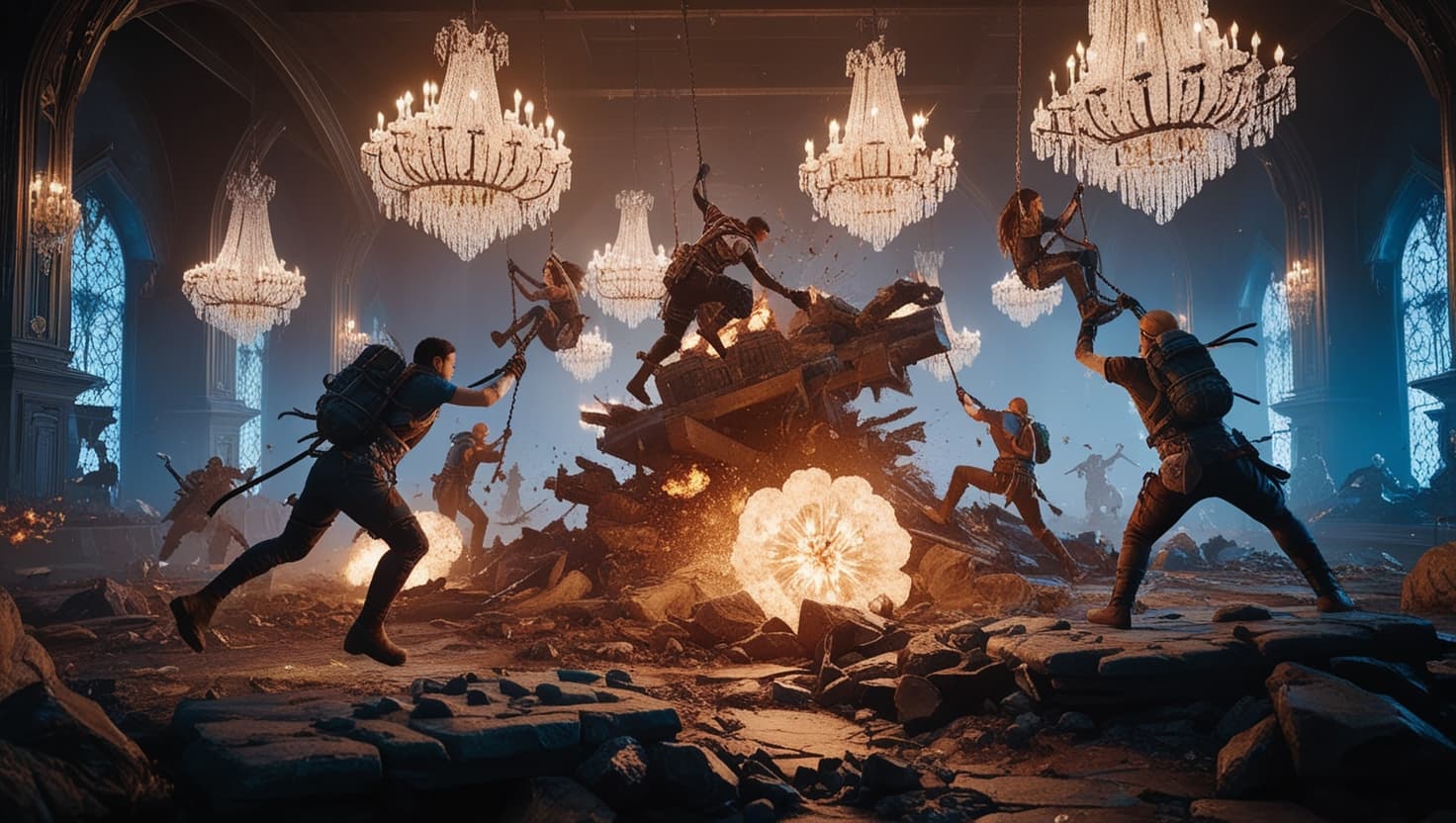 A chaotic D&D battle scene with a fighter leaping off a crumbling bridge while a dragon breathes fire below, dramatic amber and indigo lighting