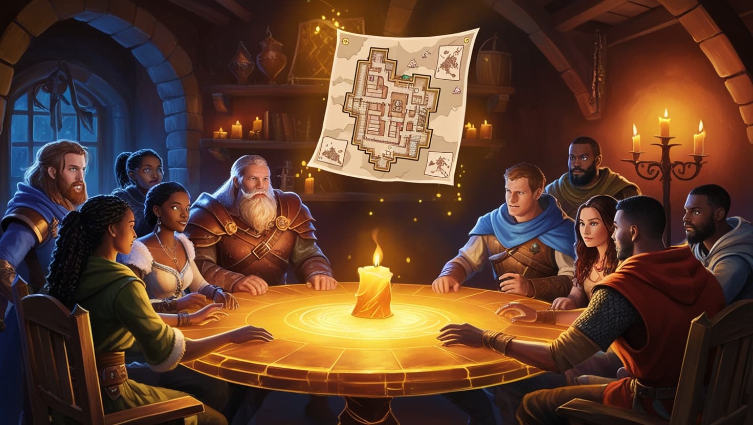 A first-person view of hands reaching toward a glowing fantasy map on a laptop screen, with dice and character tokens materializing from the light