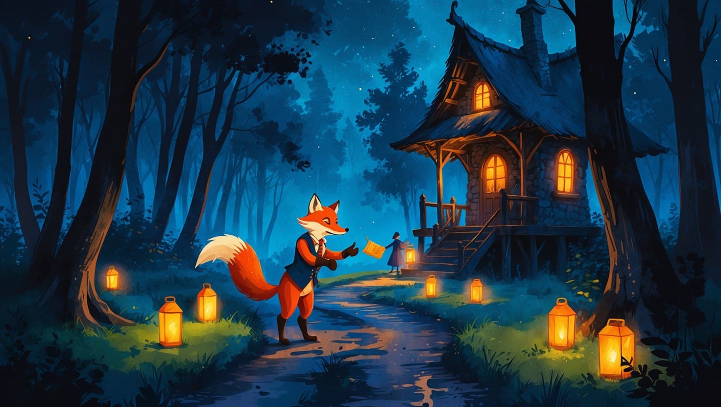 Watercolor illustration of a fox in a waistcoat offering a bargain on a lantern-lit forest path, with a witch's cottage on stilts glowing amber against indigo twilight