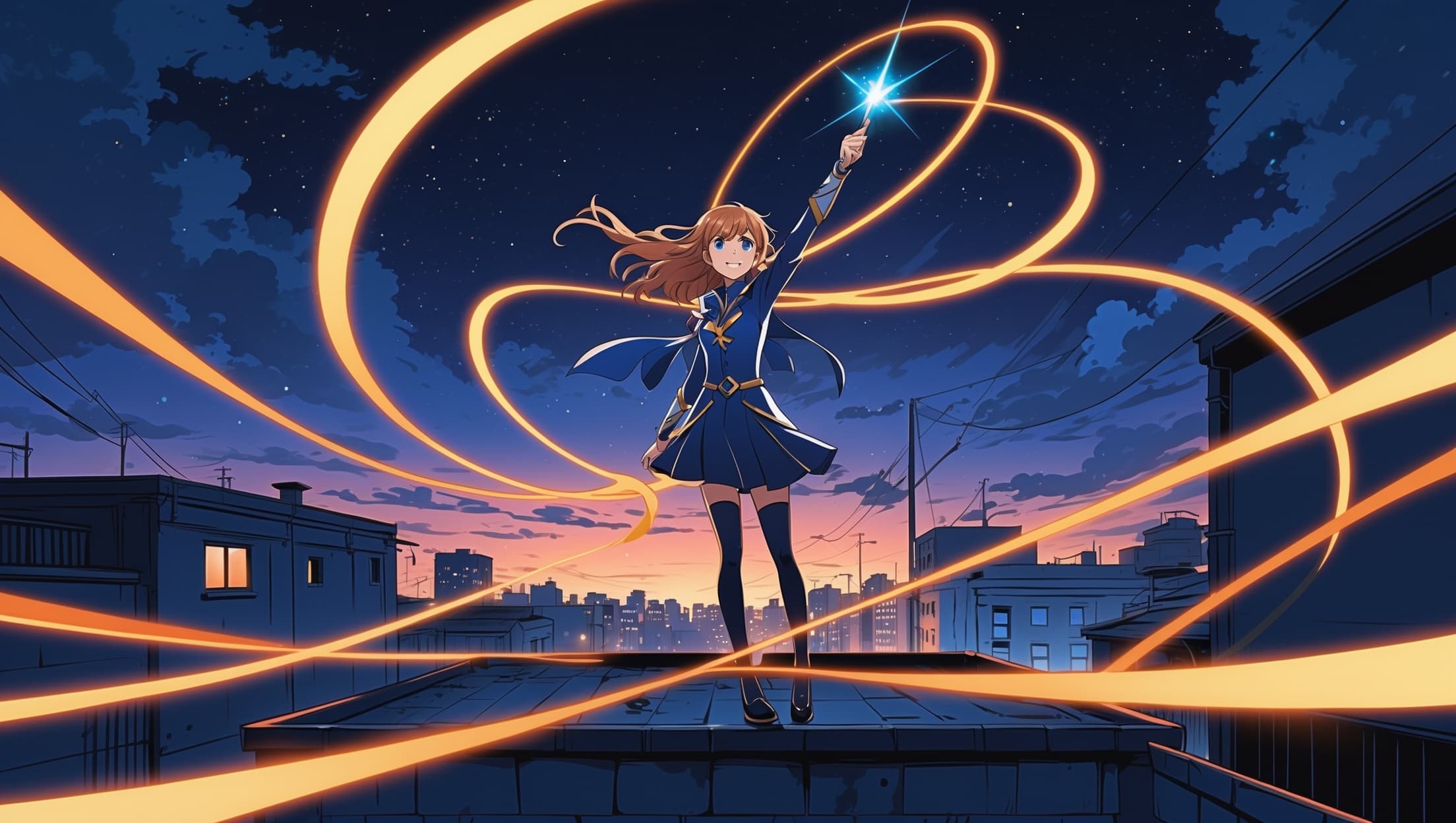 An anime-style magical girl mid-transformation on a city rooftop at dusk, ribbons of amber light spiraling around her raised wand against a deep indigo starlit sky