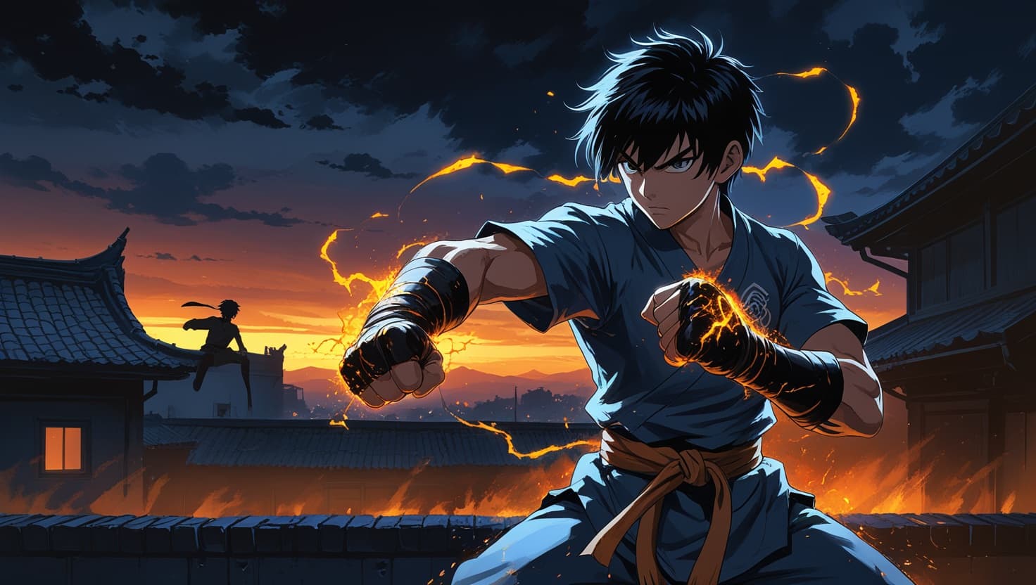 An anime-style young fighter mid-training with crackling amber energy around a clenched fist, a rival silhouette watching from a rooftop against a deep indigo sunset