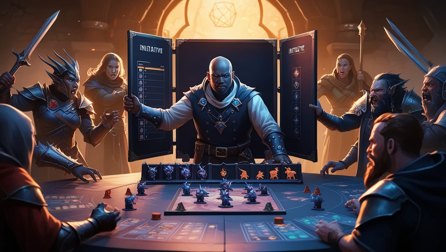 A Game Master's view of a D&D battle map with miniatures, dice, and spell effects lighting up a dungeon encounter in dramatic indigo and amber tones