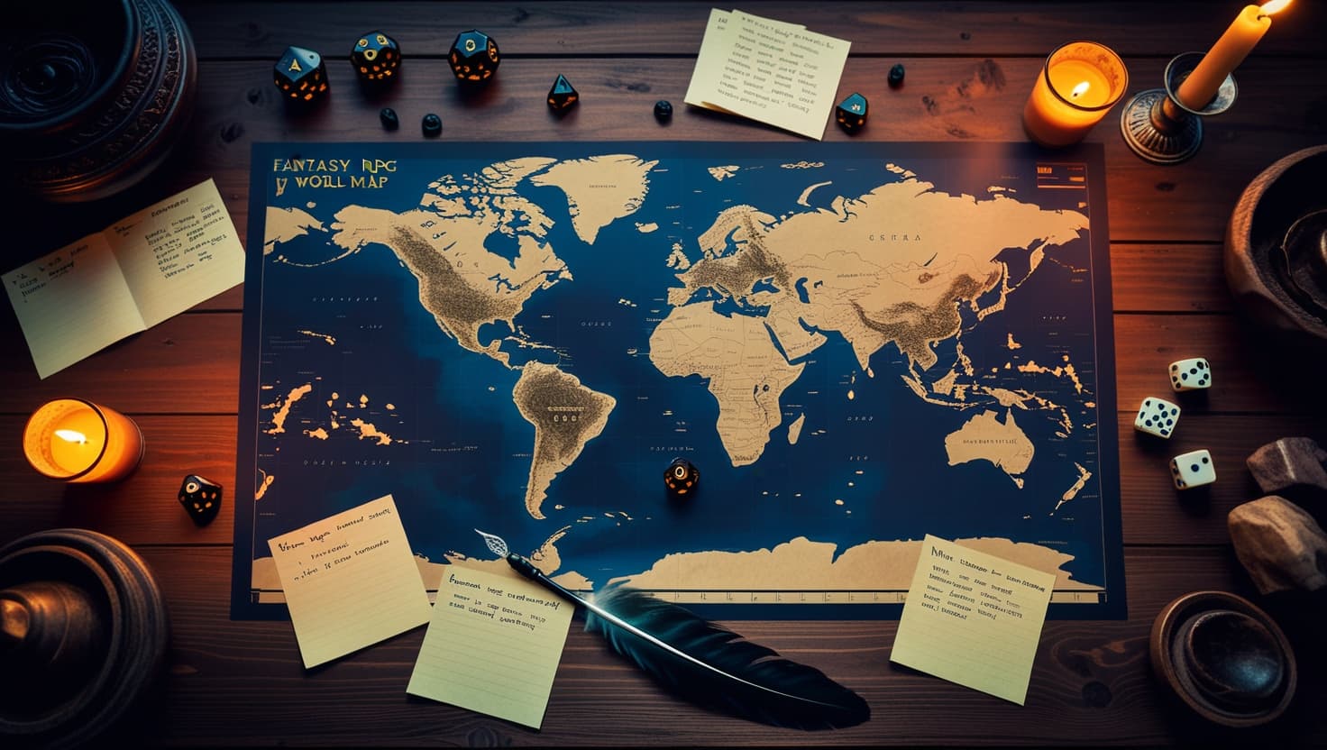 DM's workspace with world maps, plot outlines, and NPC sketches spread across a desk