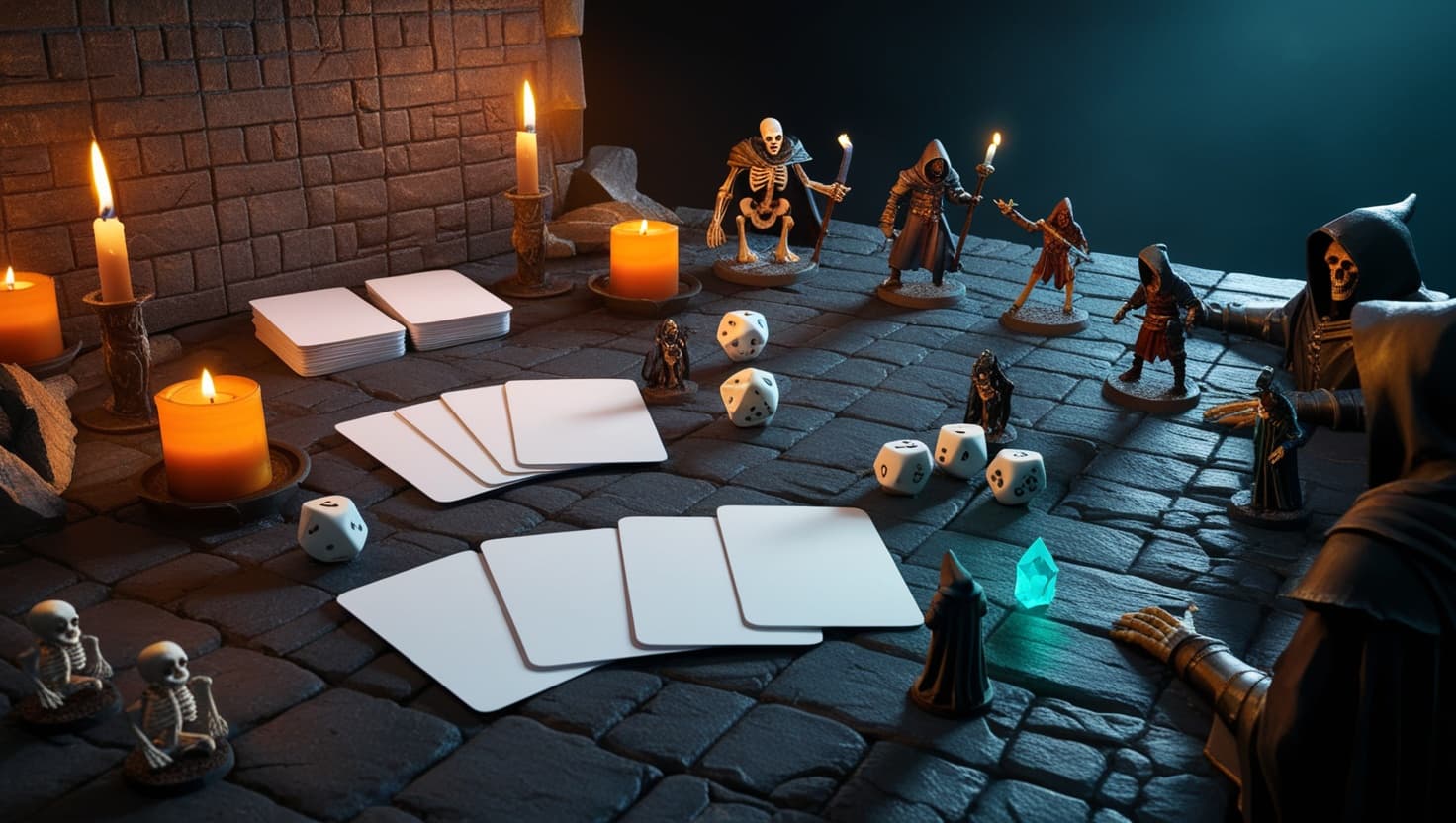 A fantasy battle map at the moment combat begins, with dice, initiative cards, miniatures, and torchlit dungeon shadows