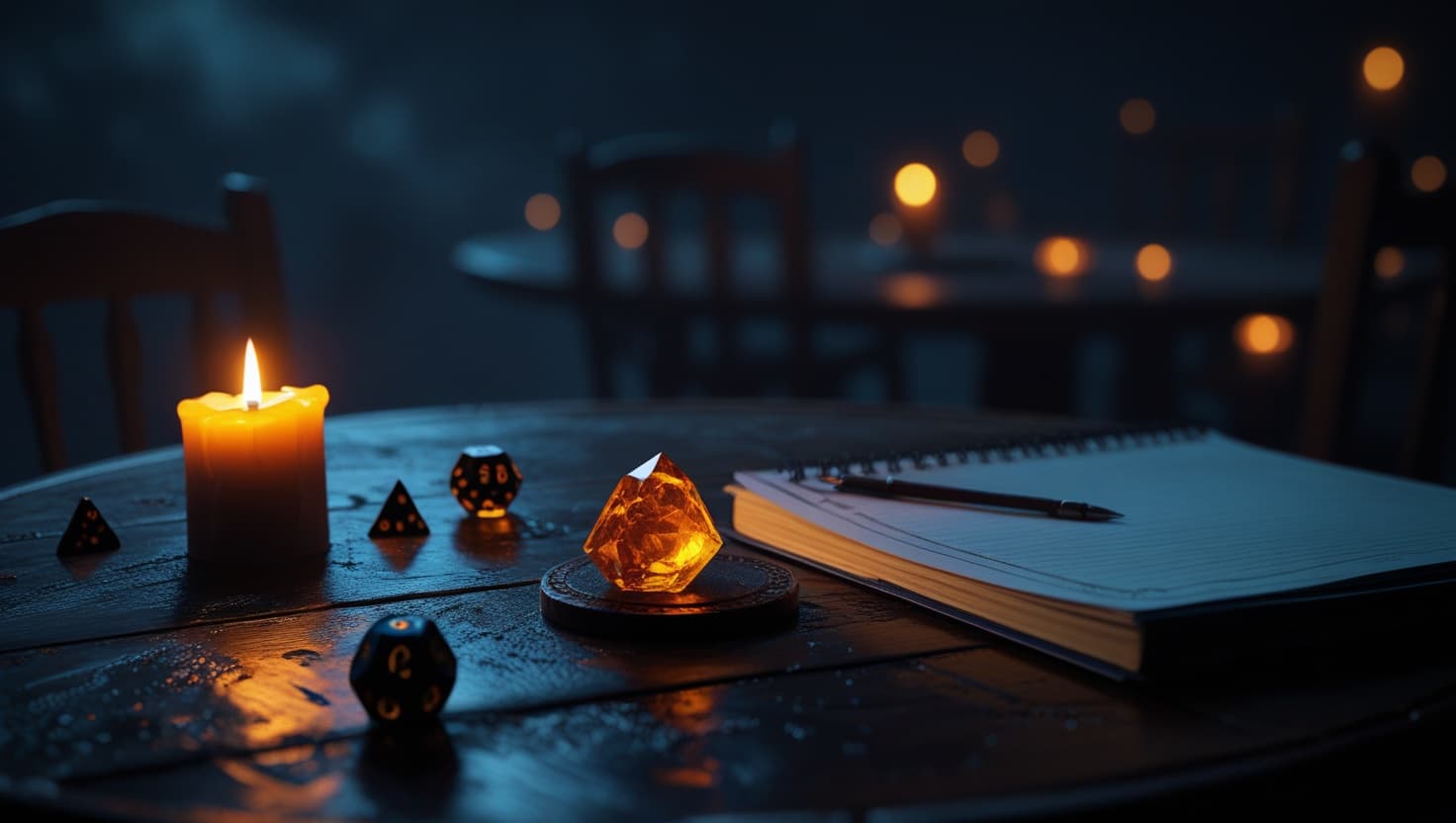 A tabletop RPG table at night with a single glowing amber token sitting untouched next to a closed character sheet notebook, warm candlelight against deep indigo shadow