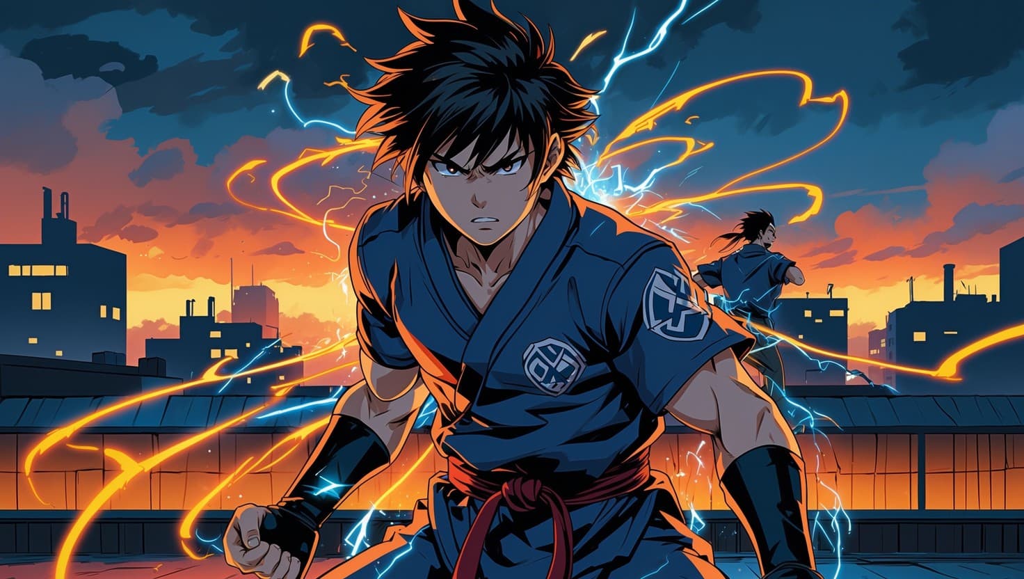 An anime-style protagonist mid-training with crackling energy around a clenched fist, a rival silhouette watching from a rooftop at dusk