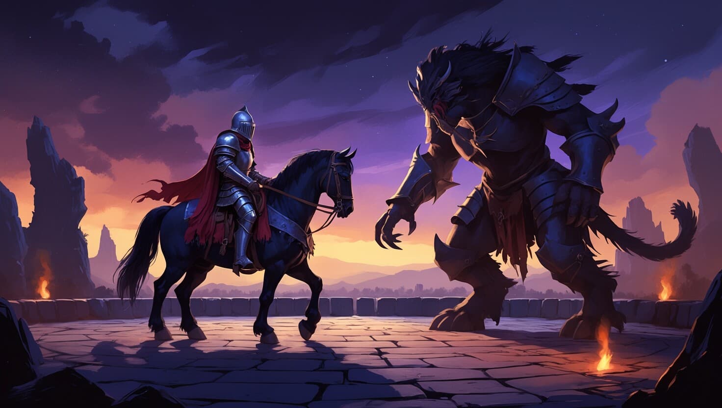 A mounted knight on a warhorse facing off against a monster on a battle grid, dark fantasy tabletop RPG scene in indigo and amber tones