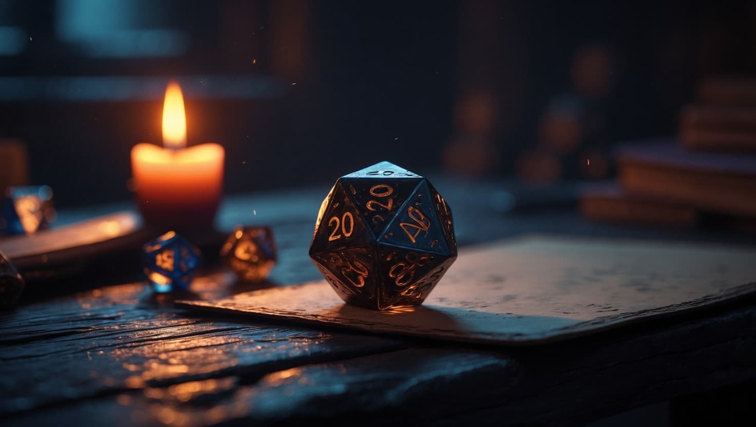 A d20 showing a 20 resting on a tavern table next to a character sheet, warm amber candlelight against deep indigo shadow