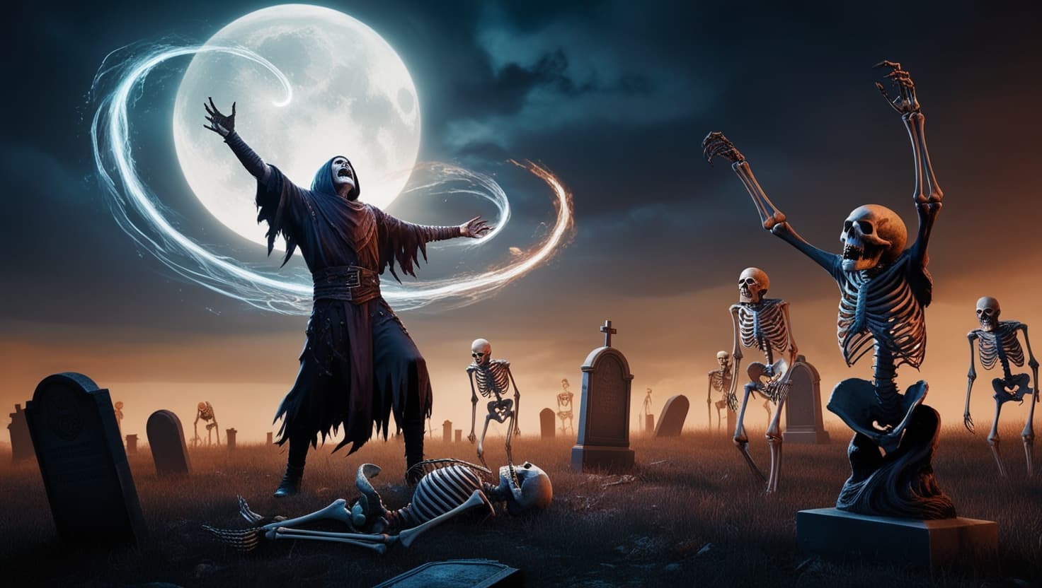 A cloaked necromancer raising skeletal warriors from a misty graveyard under a dark indigo sky with green magical energy
