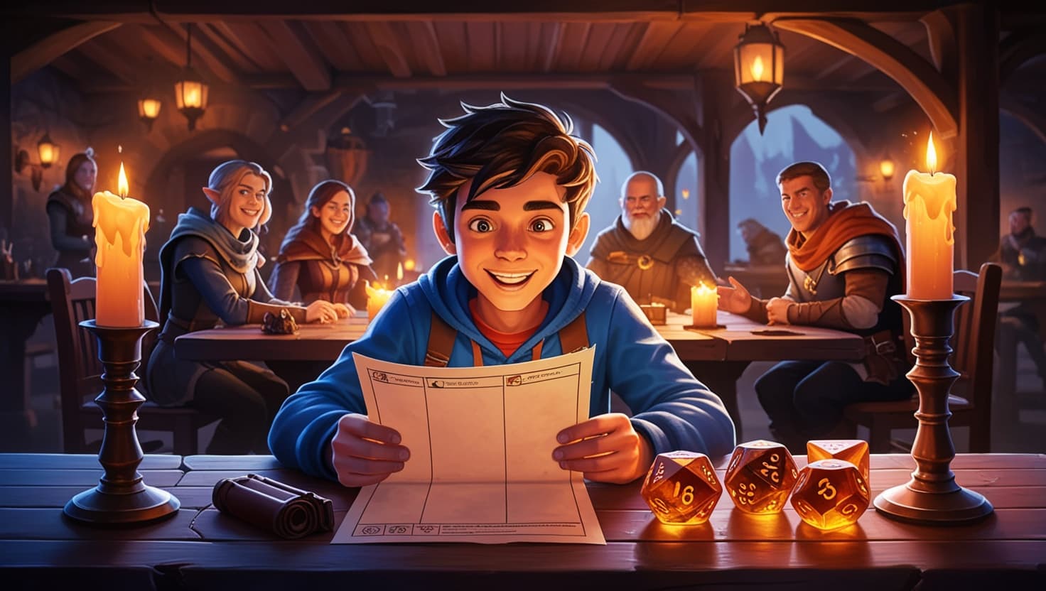 Beginner-friendly D&D setup with a starter set, simple dice, and a welcoming invitation