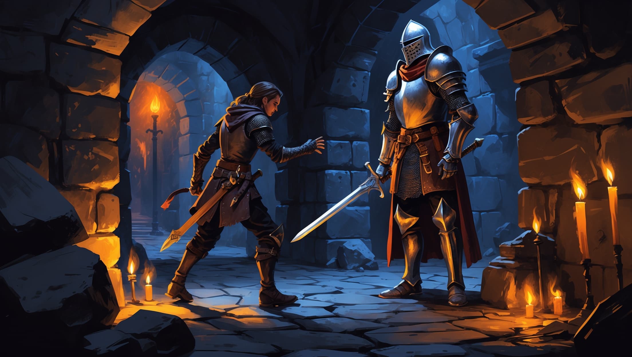 A rogue reaching cautiously toward a heavily armored knight standing guard with a sword raised in a torchlit stone dungeon corridor, deep indigo shadows and warm amber candlelight