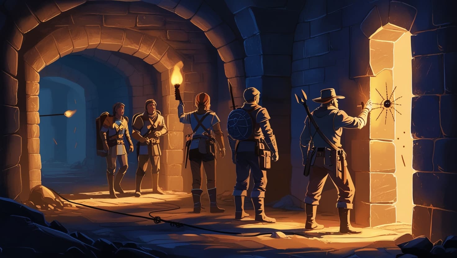 A wary D&D adventuring party noticing hidden danger in a torchlit dungeon corridor, dark fantasy RPG art in indigo and amber tones
