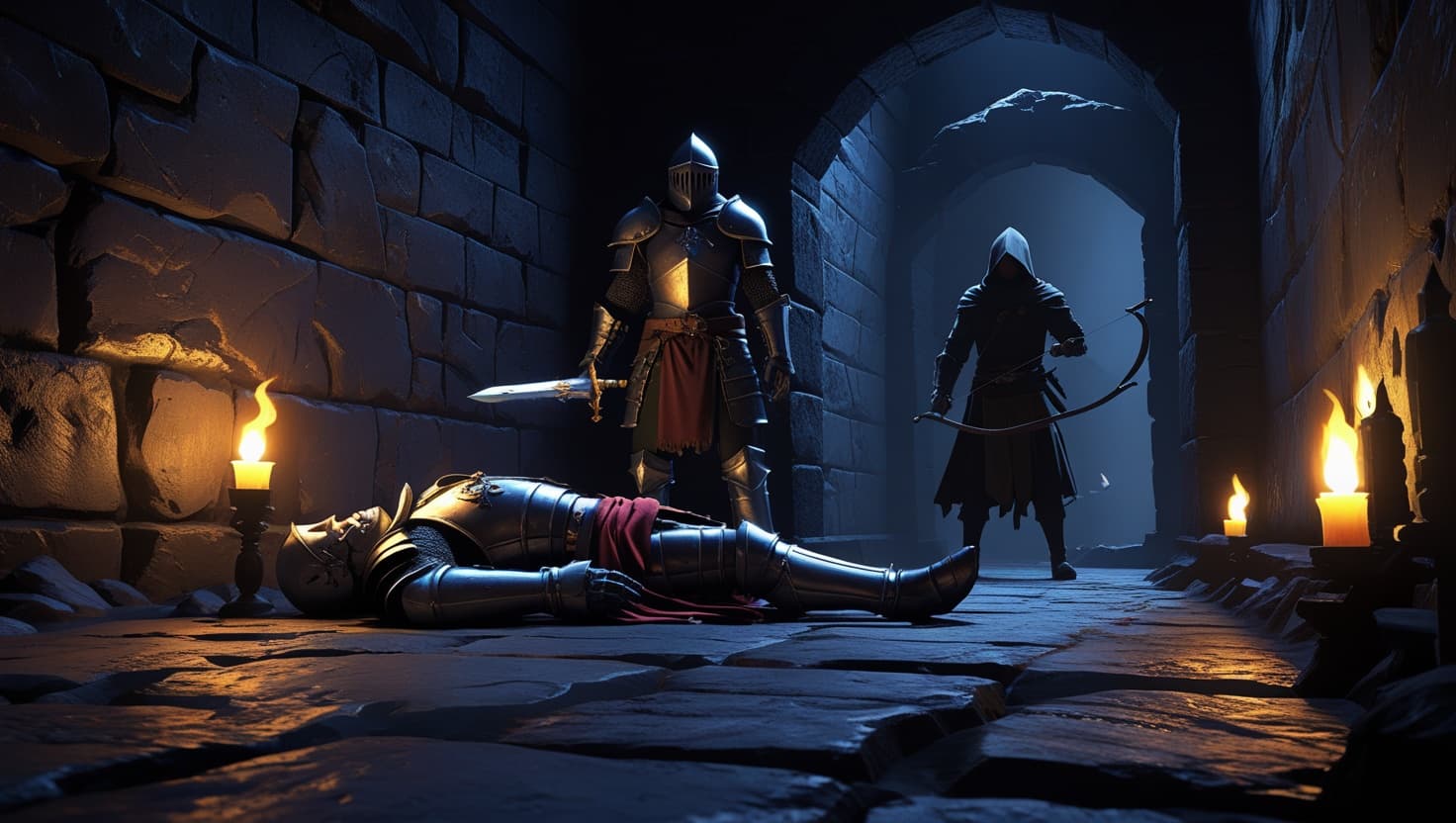 A fallen knight lying prone on a torchlit stone dungeon floor as an armored fighter looms close with a sword and a hooded archer stands farther back in the shadows, warm amber torchlight against deep indigo darkness