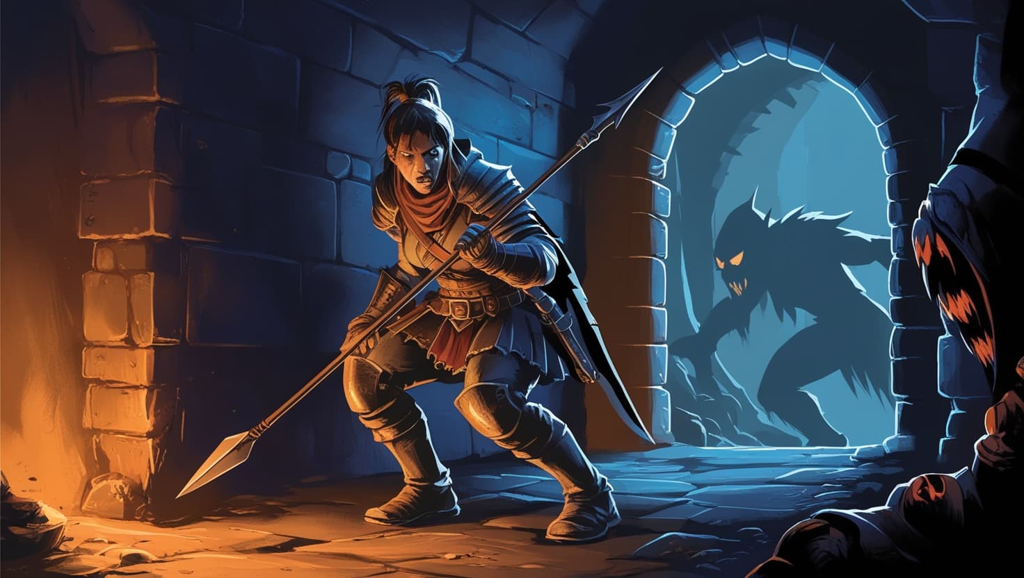 A tense D&D adventuring party bracing in a dungeon corridor as a fighter holds an attack for the perfect moment, dark fantasy RPG art in indigo and amber tones