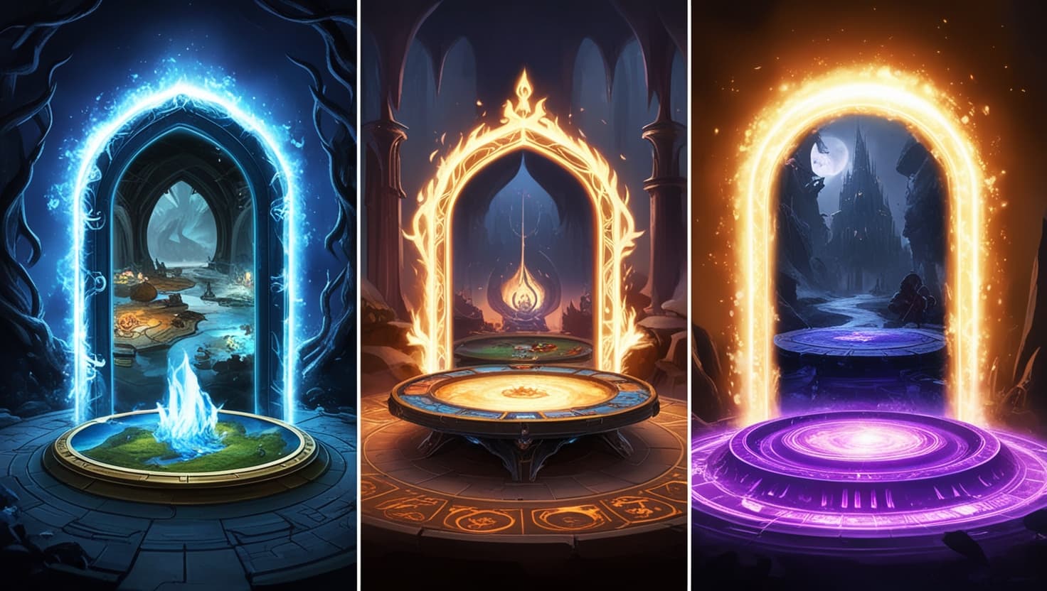 Three glowing portals side by side - one showing a battle grid, one showing a complex module interface, and one showing an AI narrating a story to adventurers