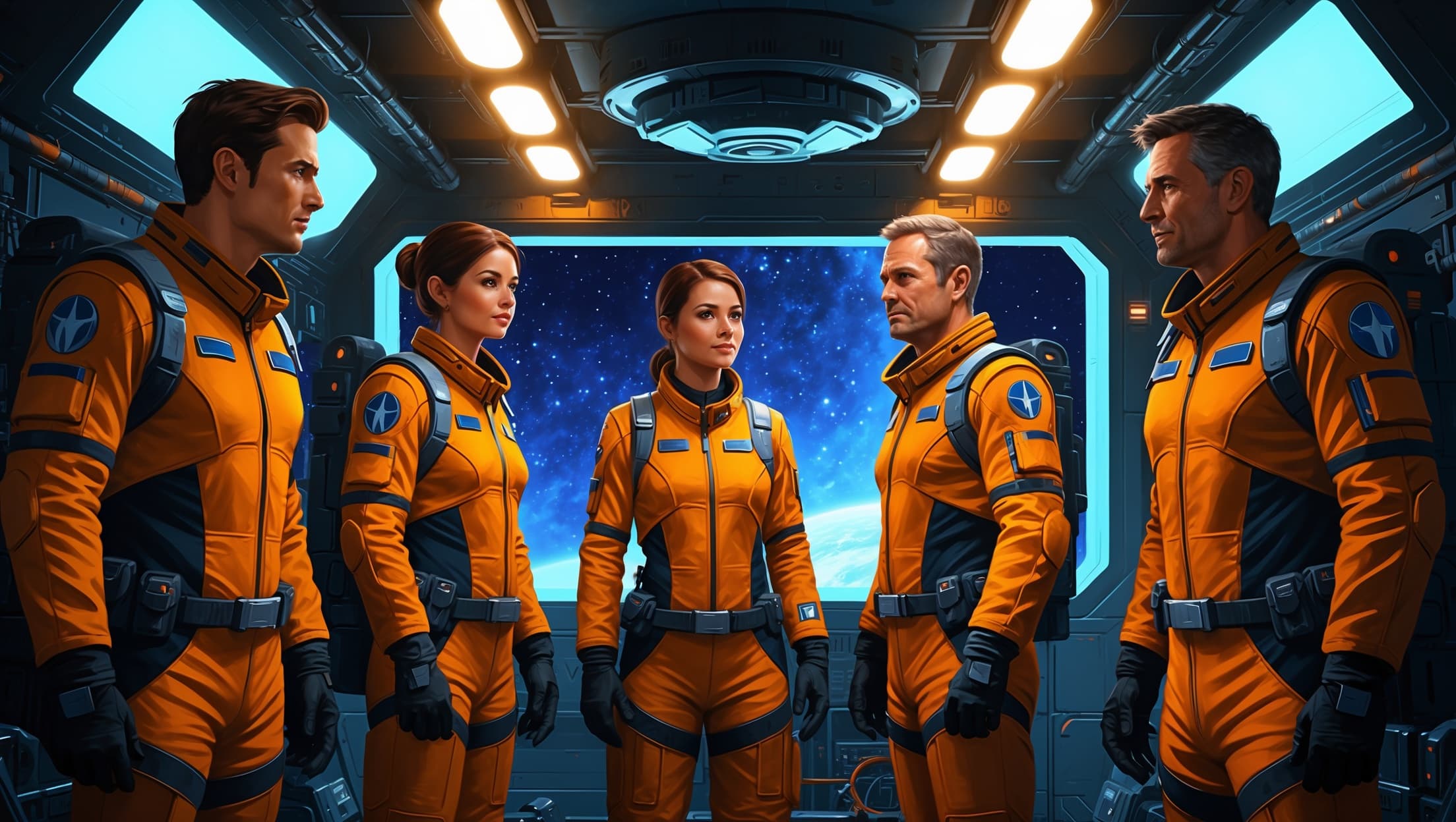 A mixed sci-fi crew of five suited up in a starship cargo bay before a mission, warm amber interior lighting against a deep indigo viewport starfield