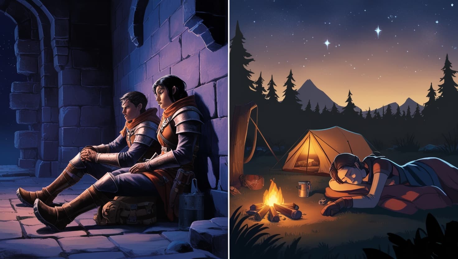 An adventuring party resting by a campfire in a dungeon corridor, some binding wounds and studying spellbooks while warm amber light flickers against indigo stone walls