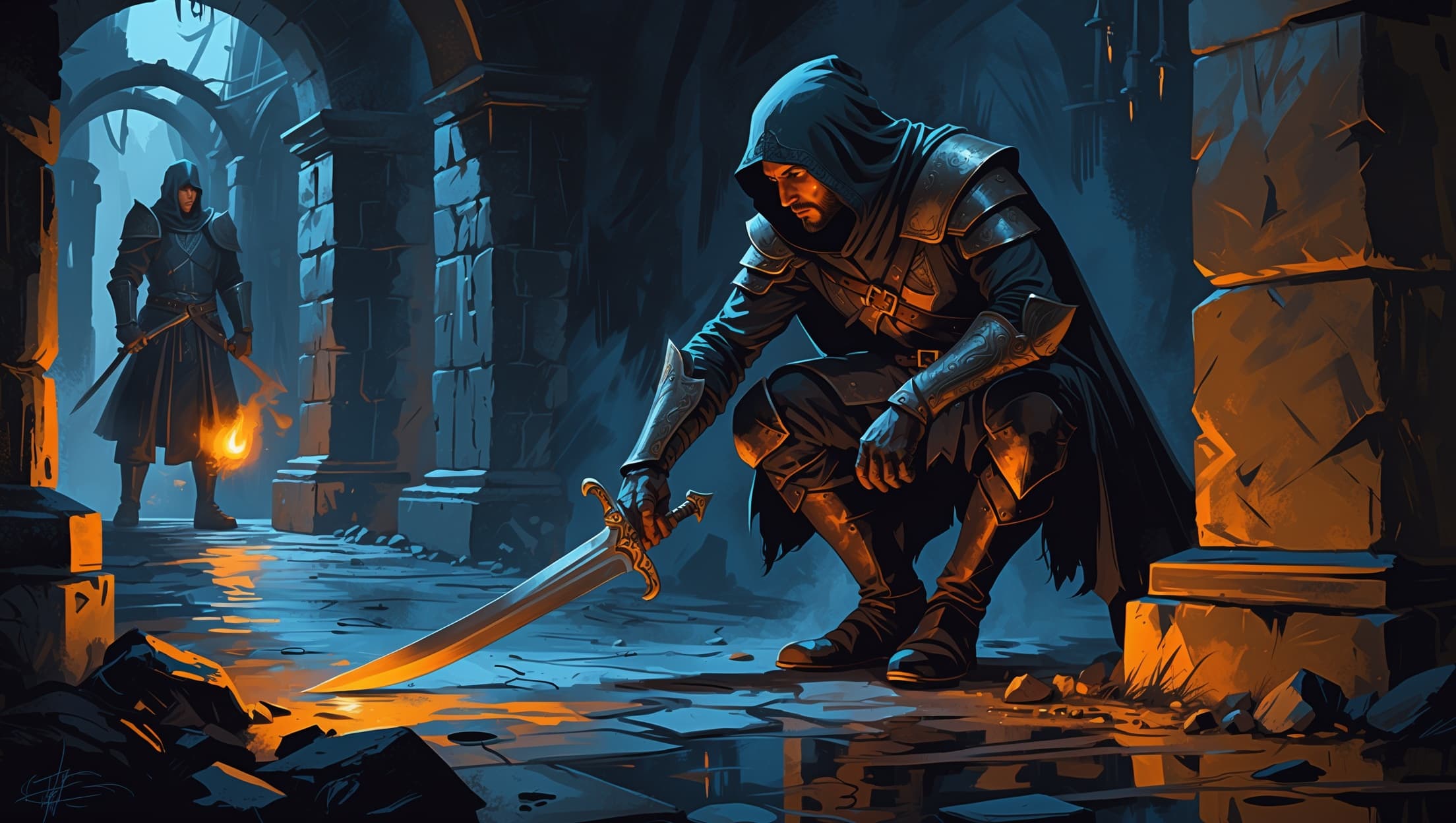 A hooded rogue crouched in shadow behind a stone pillar, dagger drawn, lunging toward an unaware armored guard in a torchlit dungeon corridor, deep indigo shadows and warm amber torchlight