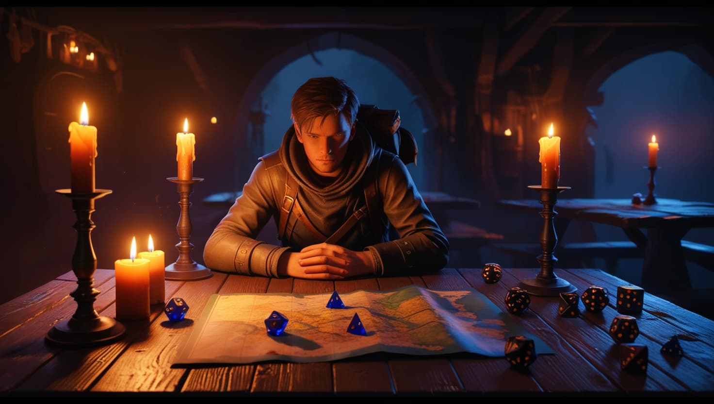 Solo player at a desk with dice, a character sheet, and an AI companion on screen