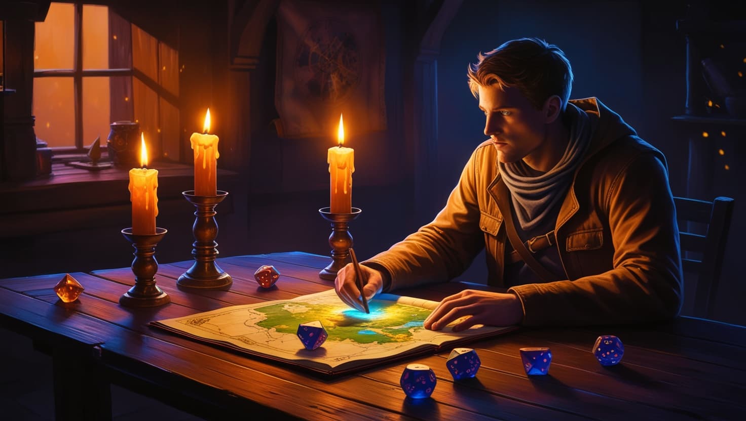 A lone adventurer sitting at a candlelit tavern table with dice, a journal, and a glowing magical map spread before them