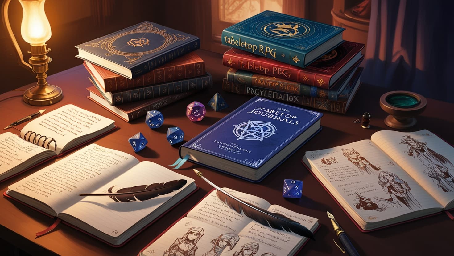 Solo tabletop RPG player with oracle cards, a journal, and dice on a quiet evening desk