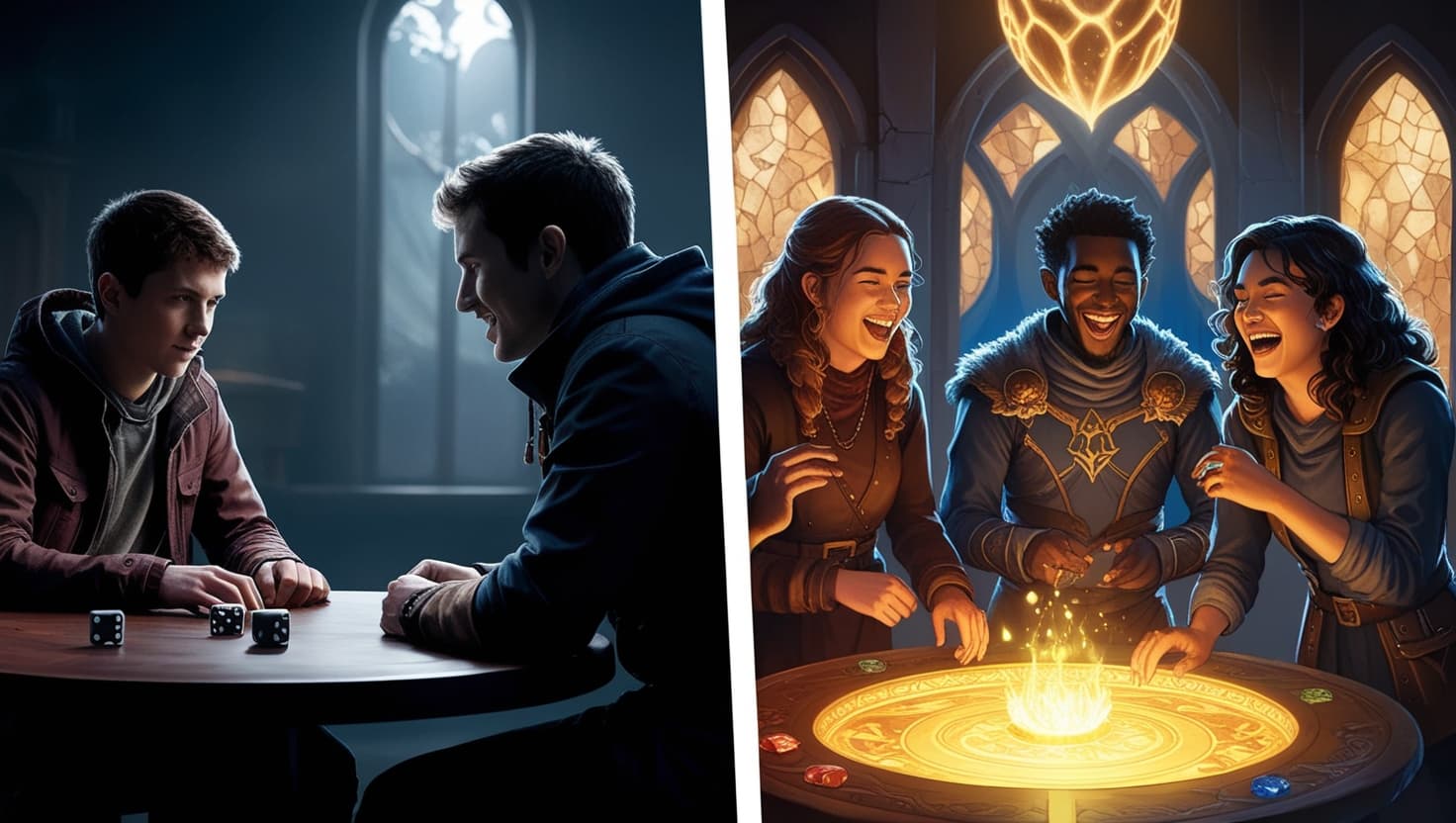 Split scene showing a solo adventurer on one side and a multiplayer party on the other