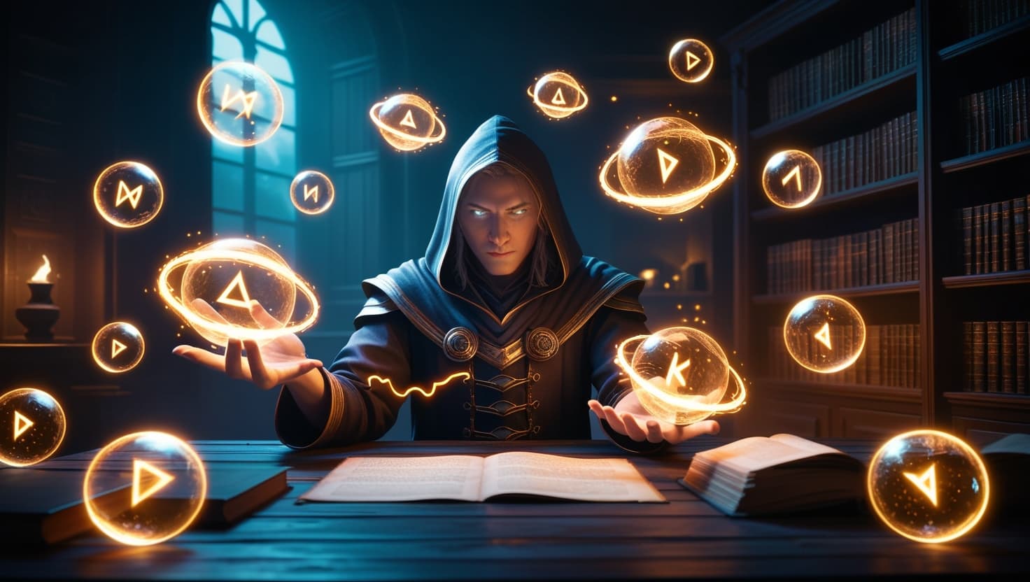 A wizard's hands glowing with arcane energy as crystalline spell slot orbs float around them in an indigo-lit study