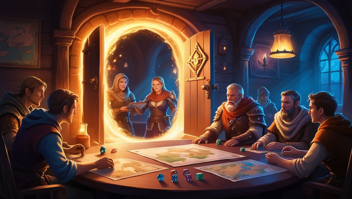 Adventurers gathering around a tavern table as a glowing magical portal opens before them, amber light contrasting with deep indigo shadows