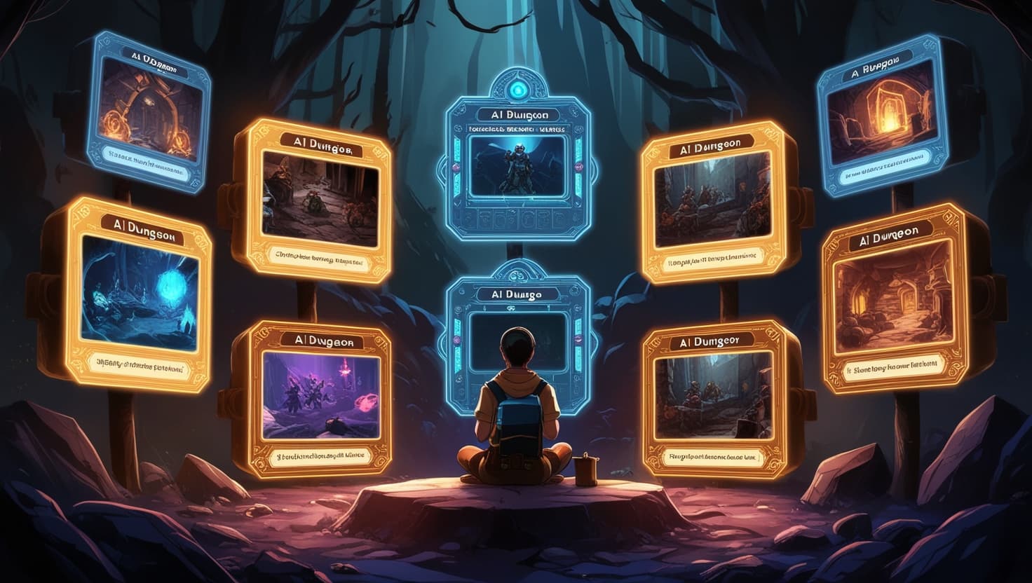 Five glowing magical portals in a row, each showing a different fantasy scene, lit in indigo and amber tones