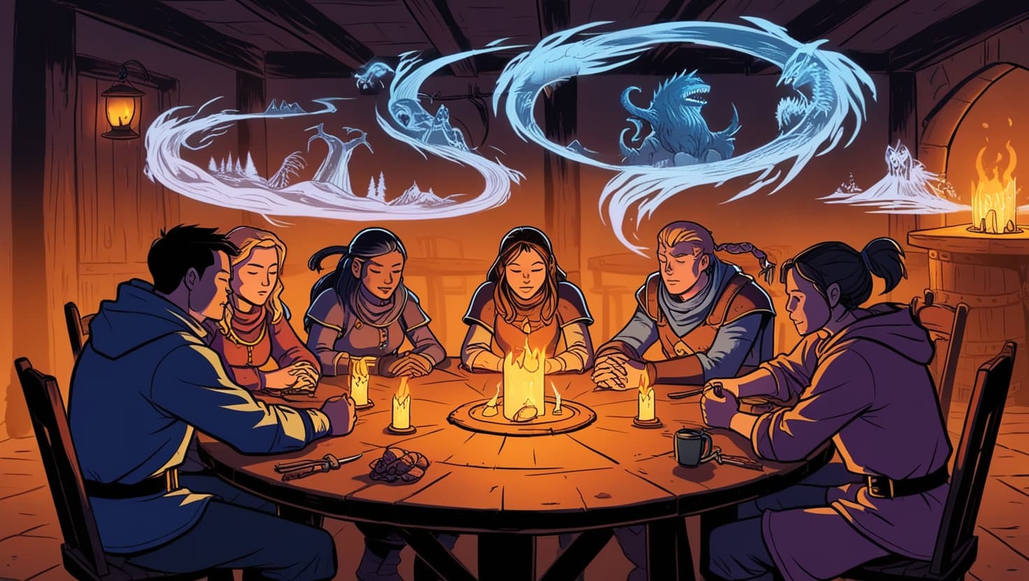 Dreamy imagination scene with fantasy creatures and landscapes floating above a gaming table